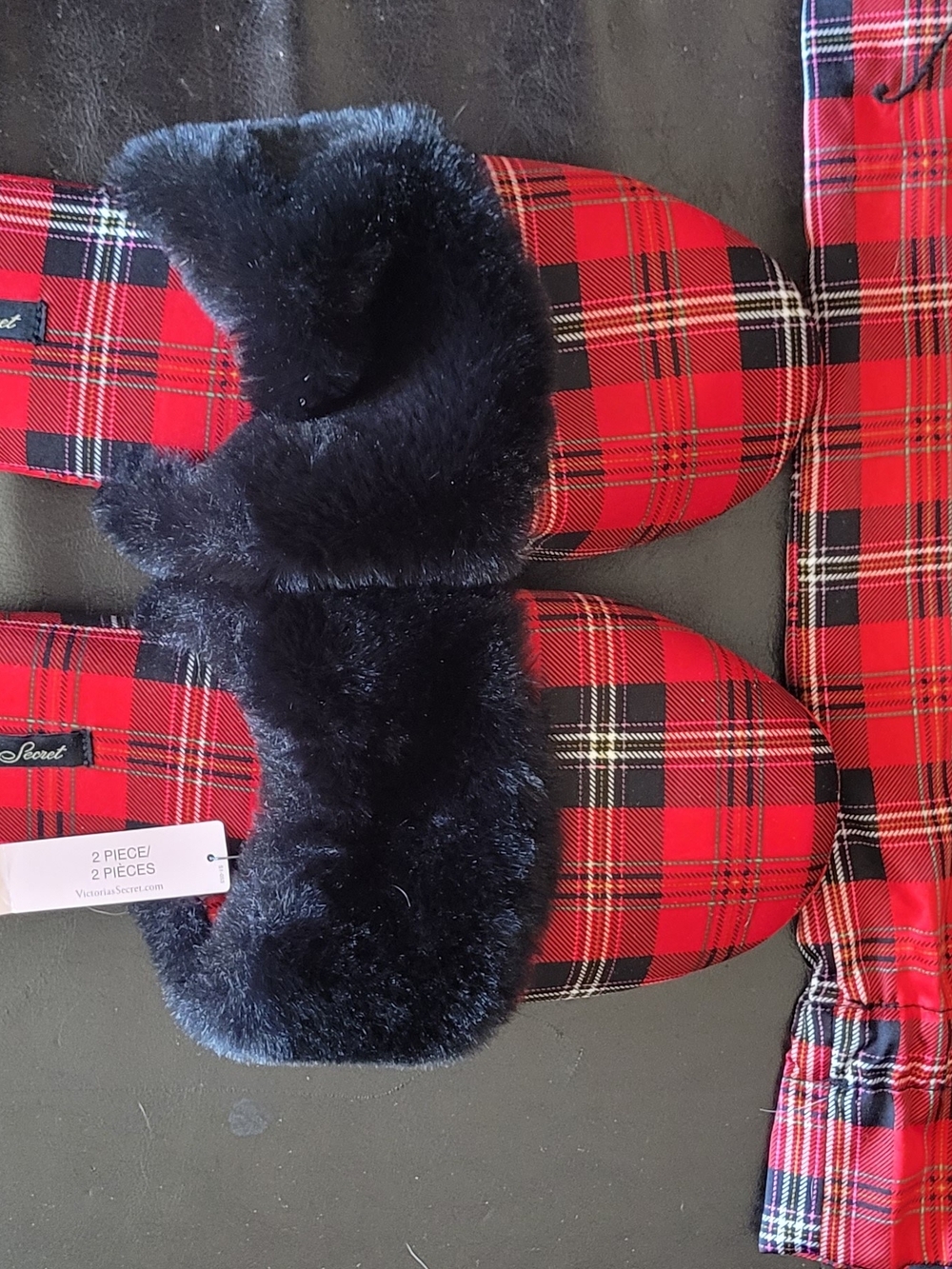 Victoria's Secret Red Plaid Slide Slippers with Black Faux Fur Trim